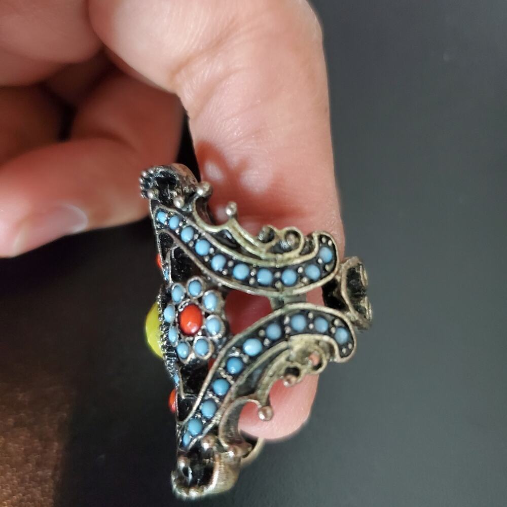 Vintage Women Ornate yellow orange blue round stones accent ring Size 8 - Picture 7 of 10